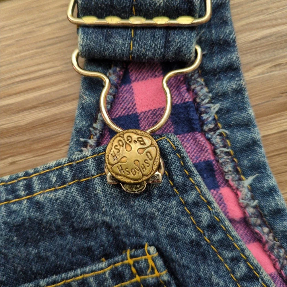 Vtg OshKosh Bgosh Flannel Lined Denim Overalls Blue Pink Plaid Vestbak 18M